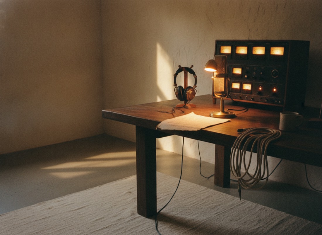 A marked-up script beside a warm-lit microphone and vintage recording gear