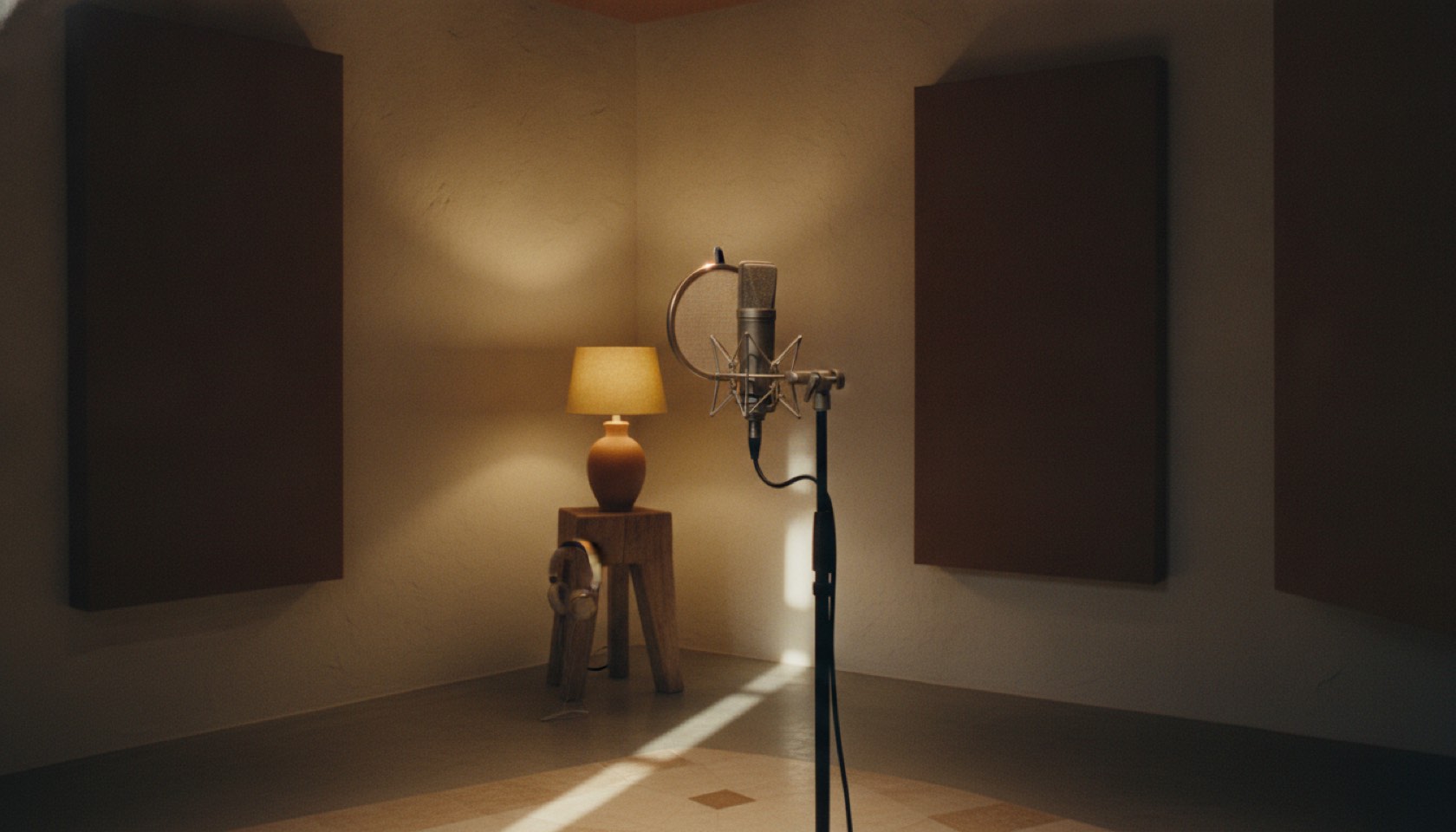 A studio microphone in a warm-lit recording booth